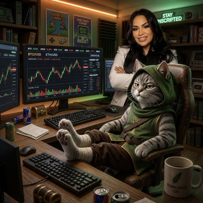 A confident woman stands behind a green-hooded tabby cat lounging in a chair with its feet up, surrounded by crypto trading monitors displaying "BTC/USD" and "ETH/USD" charts, gaming posters, and a mug labeled "ROBIN HOOD CAT." The scene visually references the "$NINEHOOD" token and the handle "@ninehood_h" from the post, depicting the project's "Robin Hood Cat" mascot taking a victory lap after printing a new ATH around a $352K market cap.