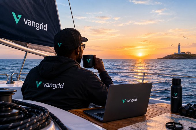 A promotional image showing a person on a sailboat at sunset wearing a cap and jacket branded with the "vangrid" logo, drinking from a matching vangrid mug, with a vangrid laptop, camera, and water bottle on the table.