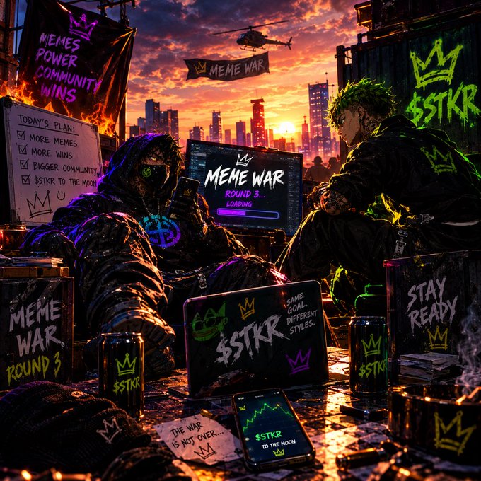 A vibrant, cyberpunk-style digital illustration depicting a 'MEME WAR' with characters in dark clothing surrounded by graffiti-style text including '$STKR', 'MEMES POWER COMMUNITY WINS', 'MEME WAR ROUND 3', and 'TO THE MOON'.