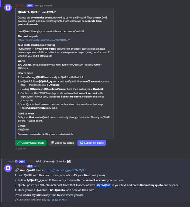 A Discord app screenshot displaying the 'QWAP' (Quanta QWAP) channel with instructions on how to join QWAP through invites and X/Twitter verification, including a reward of 125 Quanta.