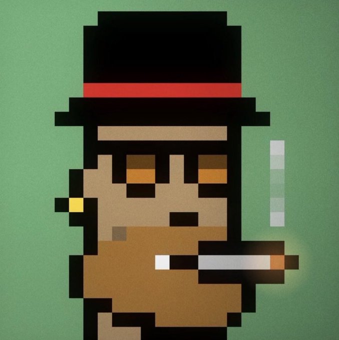 A pixel art character wearing a black top hat with a red band, smoking a lit cigarette that emits a small ash, set against a green background.