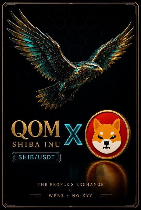 A promotional graphic featuring a metallic eagle and the Shiba Inu logo with text 'QOM SHIBA INU', 'SHIB/USDT', and 'THE PEOPLE'S EXCHANGE • WEB3 • NO KYC'.