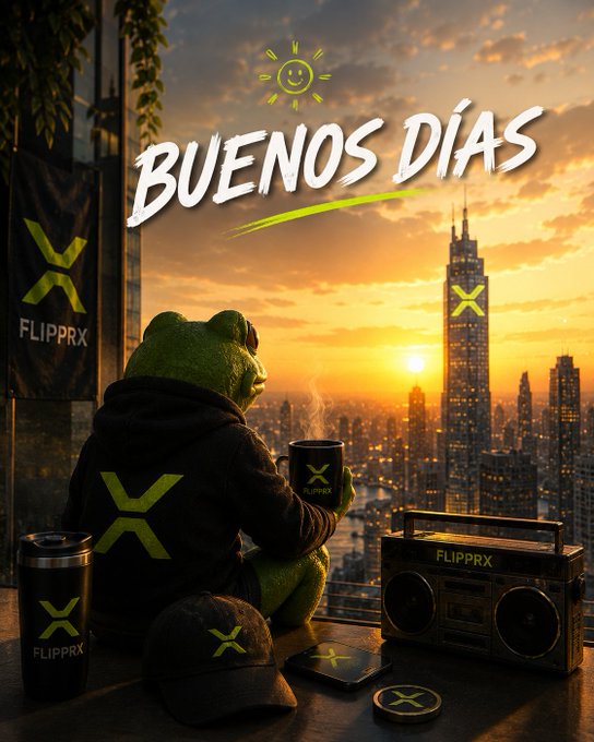 A promotional graphic for 'FLIPPRX' features 'BUENOS DÍAS' text, showing a bear character in a branded hoodie looking out at a sunset cityscape with branded merchandise including a cap, tumblers, and a boombox.