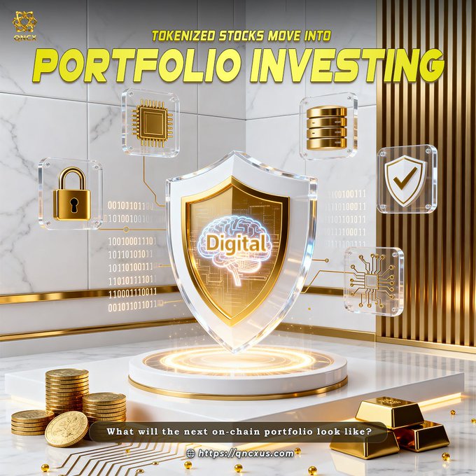 A futuristic digital shield with a brain labeled "Digital" floats above gold coins, surrounded by floating icons of chips, locks, databases, and circuitry, with the headline "Tokenized Stocks Move Into Portfolio Investing" and the tagline "What will the next on-chain portfolio look like?" alongside the QNCX website. The image visually reinforces the post's theme of tokenized stocks evolving into diversified on-chain portfolios, with security and digital asset icons symbolizing the new phase of digital securities in portfolio investing.