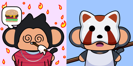 A cartoon meme showing two monkey characters: one thinking about a hamburger while surrounded by flames and looking hypnotized, and another wearing a red and white animal mask holding a stick.