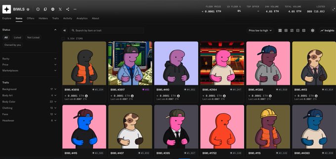 A screenshot of the Biwls NFT marketplace shows a collection of character-based digital artwork with floor prices ranging from 0.0001 to 0.0002 ETH, listing various BIWL tokens (#288, #357, #410, #264, etc.) with low USD valuations around $0.31-$0.42. The image relates to the post by illustrating the likely reason for the quick sale—visible floor prices are extremely low, with items like BIWL #410 showing a "Last sale: 0.0001 ETH" and the marketplace displaying minimal volume, suggesting early minters needed to sell quickly to recoup value.