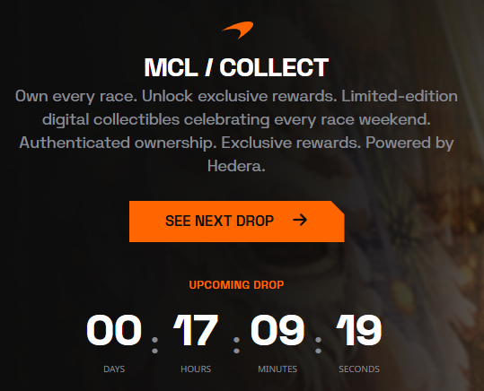 A promotional graphic for "MCL / COLLECT" featuring text about digital collectibles powered by Hedera, with a "SEE NEXT DROP" button and a countdown timer showing 00 days, 17 hours, 09 minutes, 19 seconds.