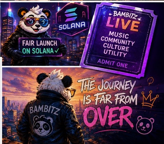 Promotional graphics for 'BAMBITZ' featuring an animated panda character wearing sunglasses, with text including 'FAIR LAUNCH ON SOLANA', 'BAMBITZ LIVE' with categories like MUSIC, COMMUNITY, CULTURE, and 'THE JOURNEY IS FAR FROM OVER' alongside a Solana logo.