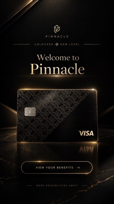 A dark, gold-accented promotional image for 'PINNACLE' Visa card with text 'Welcome to Pinnacle,' 'UNLOCKED NEW LEVEL,' and a 'VIEW YOUR BENEFITS' button.
