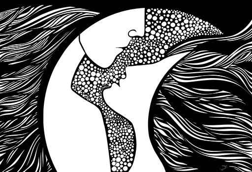 Black and white illustration of a woman's profile with flowing hair, her face and body filled with a pattern of small circles.