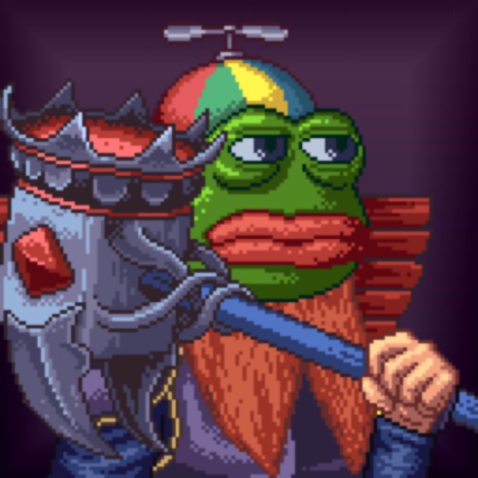 A pixel art image featuring Pepe the Frog wearing a colorful propeller hat and red scarf, holding an ornate weapon with red gems, set against a dark purple background. The whimsical, cartoonish character likely serves as a mascot or attention-grabbing graphic for the Twitter giveaway post offering 5 XWL tokens to @FabledChronicle.