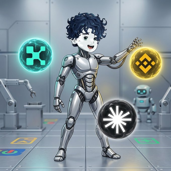 An anime-style illustration of a curly-haired character in silver robotic armor standing in a futuristic lab, surrounded by three glowing cryptocurrency symbols.