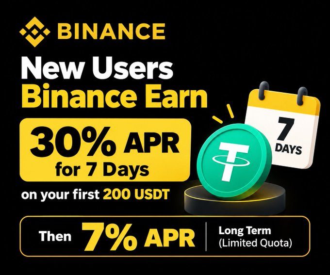 A Binance promotional banner advertising '30% APR for 7 Days on your first 200 USDT' for new users through Binance Earn, followed by 7% APR for Long Term (Limited Quota), featuring a green Tether (USDT) coin graphic and a 7-day calendar icon.
