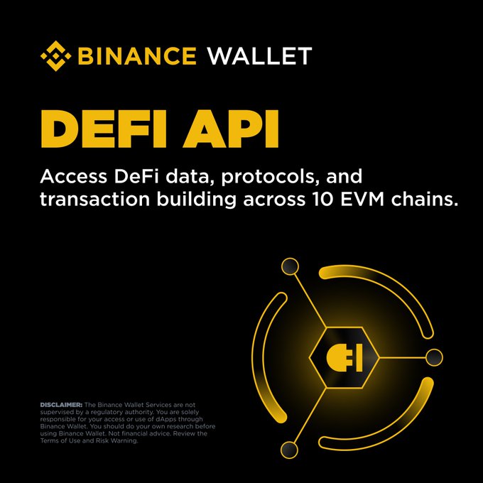 A Binance Wallet promotional graphic advertising the new "DeFi API," which provides access to decentralized finance data, protocols, and transaction building across 10 EVM chains. The design features the Binance Wallet logo, bold yellow "DEFI API" text on a black background, and a stylized node-network graphic, visually reinforcing the post's announcement of simplified DeFi integration for developers.