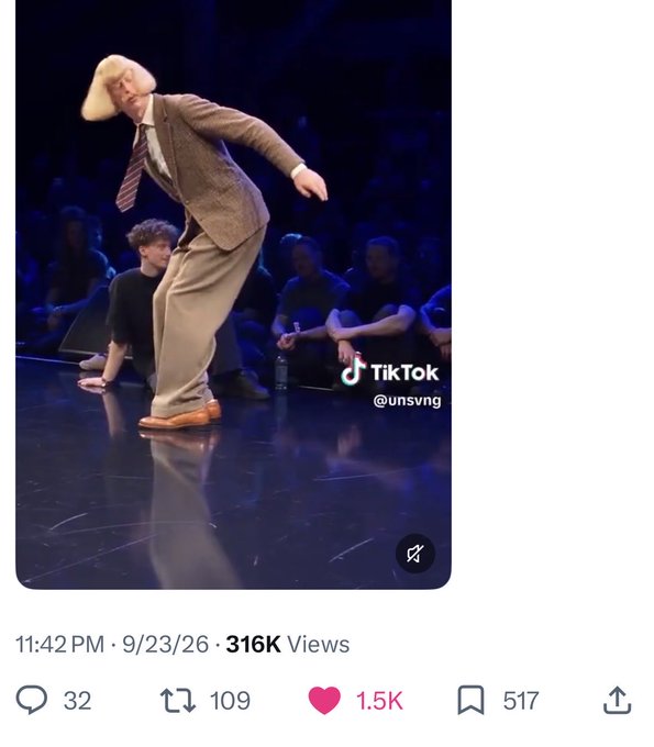 A TikTok screenshot from @unsvng showing a tall man with blonde hair dancing on stage in a suit, with 316K views and 1.5K likes.