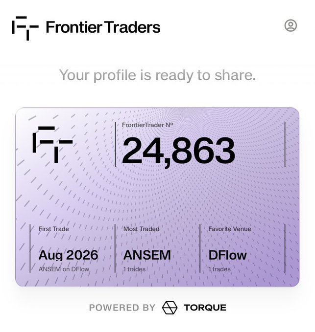 A screenshot of a digital profile card from "Frontier Traders" showing the number 24,863, with First Trade "Aug 2026", Most Traded "ANSEM", and Favorite Venue "DFlow", powered by TORQUE.