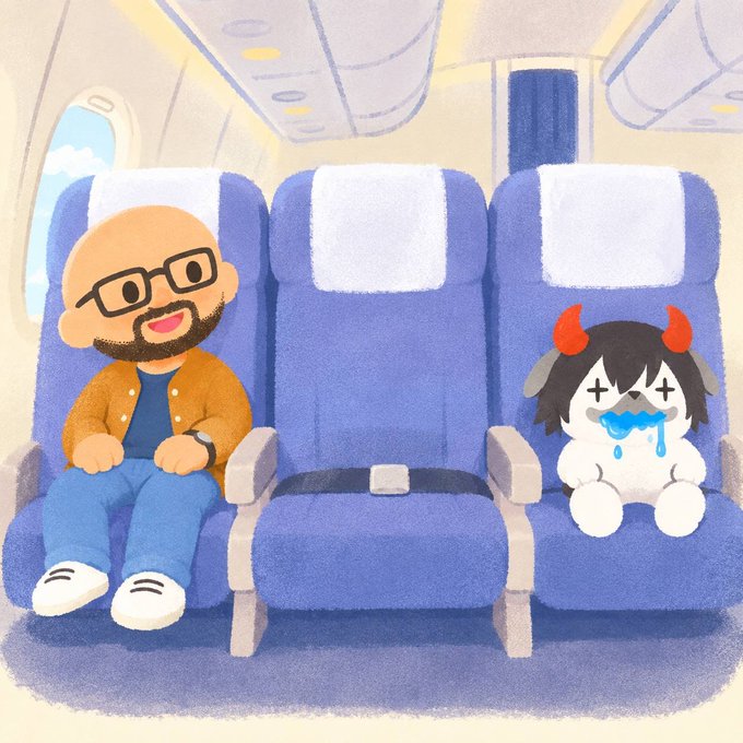 An illustration of a bald man with glasses and a beard sitting next to a crying demonic plush toy on an airplane, with the empty middle seat separating them.