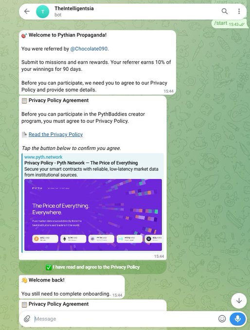 The image features an explanation of a chat bot named "TheIntelligentsia Bot" that is running a campaign for cryptocurrency education. This bot is accepting donations from users who are interested in learning about Bitcoin and related topics. The bot rewards users with cryptocurrency in exchange for providing quality posts on crypto-related matters. It also provides links to resources such as the PyPI page "Pyth Network".