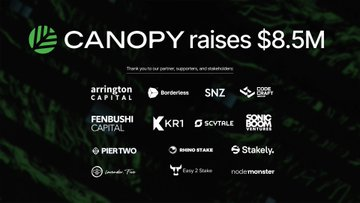 Canopy (CNPY Network) announced raising $8.5M from investors including Arrington Capital, Borderless Capital, SNZ, and Fenbushi Capital. The image highlights this funding milestone, which provides context for the L1 Launchpad update mentioned in the post, suggesting Canopy is building out its blockchain infrastructure capabilities with strong investor backing.