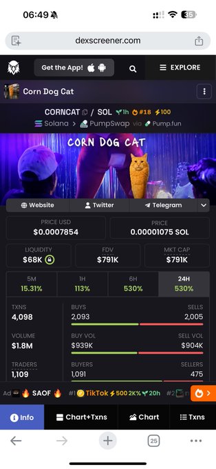 A mobile screenshot from dexscreener.com showing the 'Corn Dog Cat' (CORNICAT/SOL) token on Solana via PumpSwap, with a price of $0.0007854, market cap of $791K, and 24H gain of 530%.