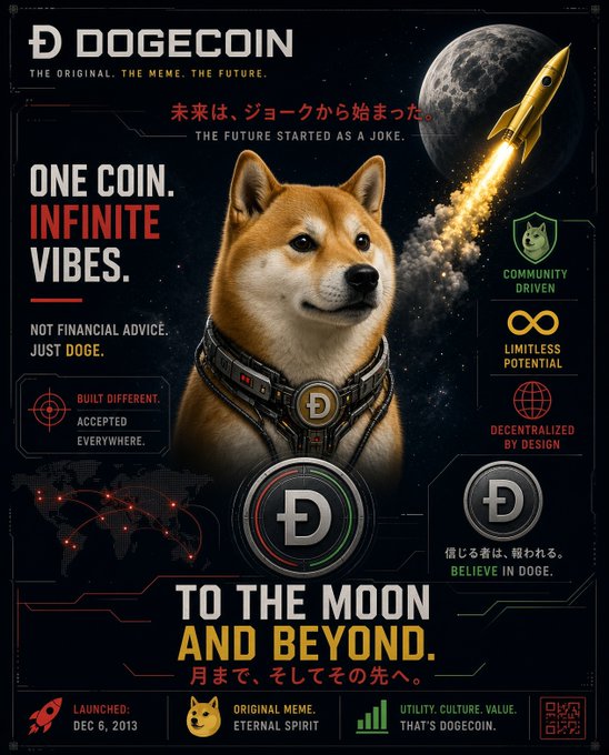 A DOGE COIN poster features a Doge in a space suit, the moon, a rocket, and slogans including “ONE COIN. INFINITE VIBES.” and “TO THE MOON AND BEYOND.”