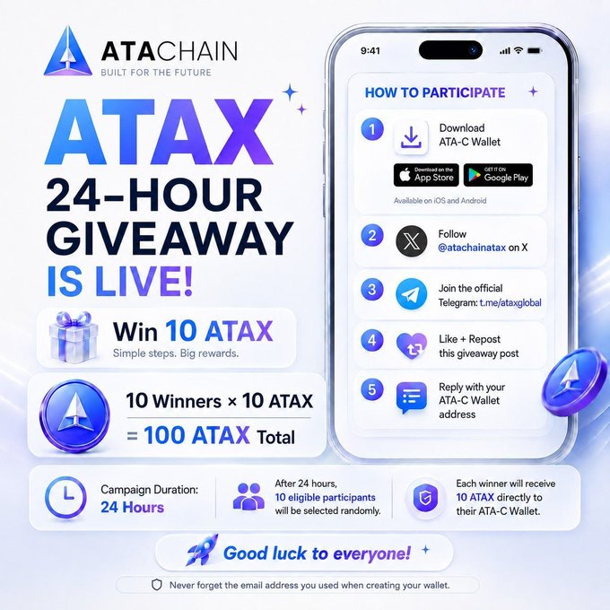 Promotional graphic for the $ATAX 24-hour giveaway, showing the ATAChain logo, a "10 ATAX" reward badge, and a smartphone mockup listing the 5 participation steps (download ATA-C Wallet, follow @atachainatax on X, join the Telegram group, like and repost, and reply with a wallet address) — with a prize pool of 100 ATAX split among 10 winners, directly illustrating the campaign details from the post.