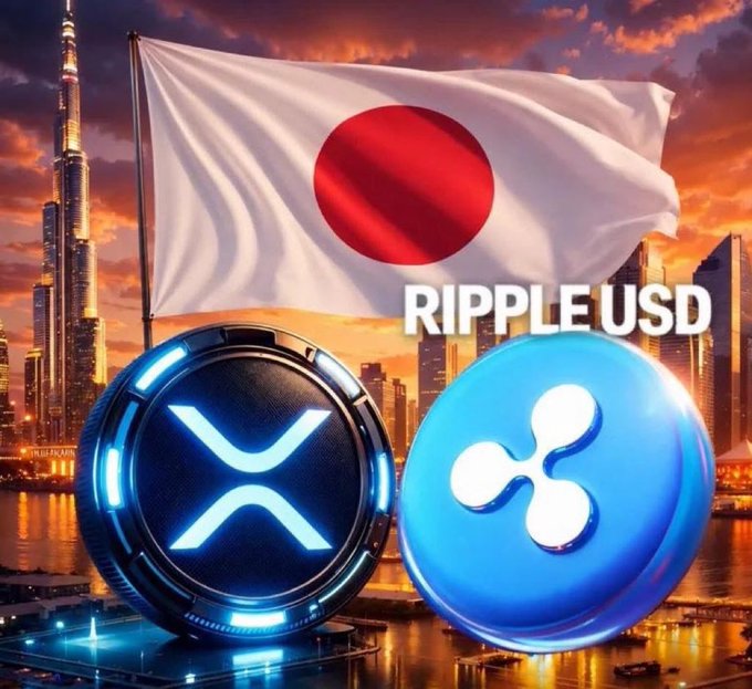 Promotional graphic featuring the Japanese flag alongside the XRP (Ripple) and RLUSD logos, with 'RIPPLE USD' text overlaid on a sunset cityscape with the Burj Khalifa in the background.