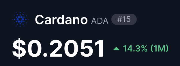 A cryptocurrency price display for Cardano (ADA) ranked #15, showing a price of $0.2051 with an increase of 14.3% (1M).