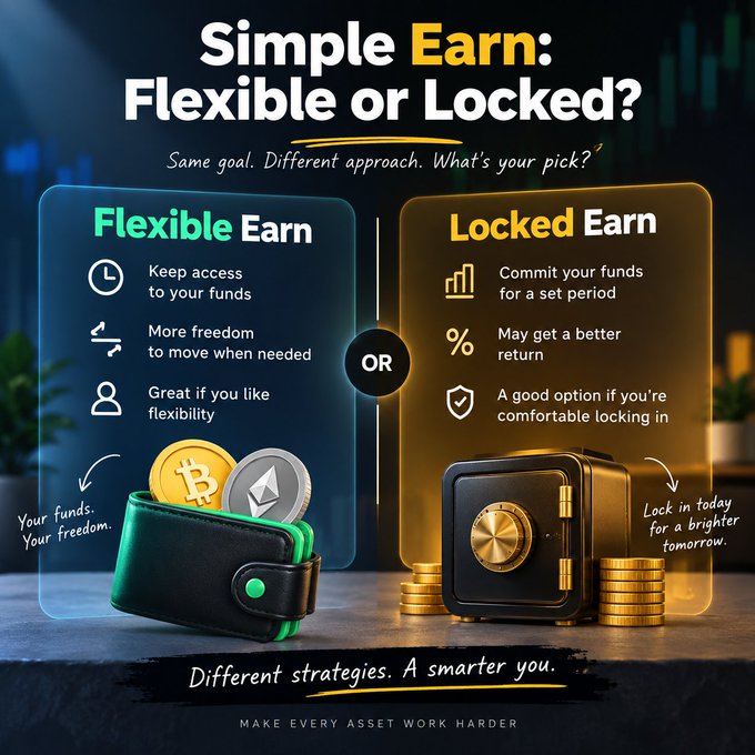 A financial infographic titled 'Simple Earn: Flexible or Locked?' compares Flexible Earn (with a wallet graphic) and Locked Earn (with a safe graphic) cryptocurrency investment options.