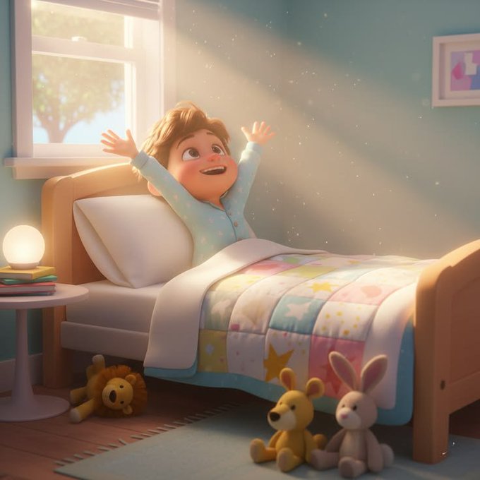 A Pixar-style illustration shows a young child happily stretching in bed in a sunlit room with a teddy bear and bunny plush toys on the floor.