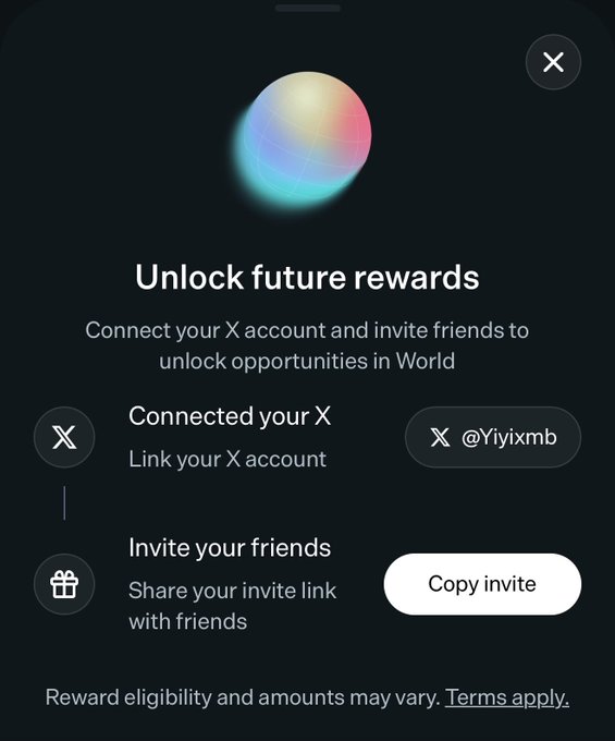 A dark mobile app interface titled 'Unlock future rewards' prompting users to connect an X account (@Yiyixmb) and share an invite link to earn opportunities in World.