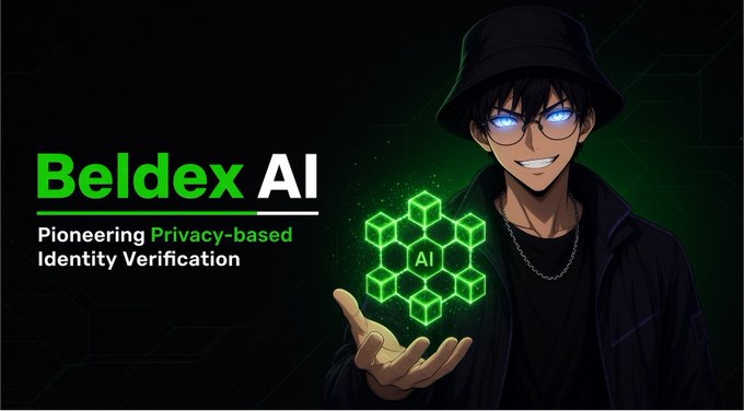 A promotional banner for 'Beldex AI' displays an anime-style male character in a bucket hat and glasses holding glowing green cubes, with text reading 'Pioneering Privacy-based Identity Verification'.