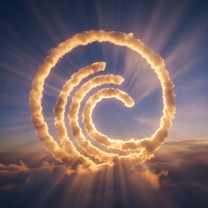 A luminous spiral cloud formation radiates warm light against a deep blue sky, symbolizing resilient connectivity and persistent availability—mirroring BitTorrent's decentralized network design where data remains continuously accessible rather than dependent on fragile single points of failure.
