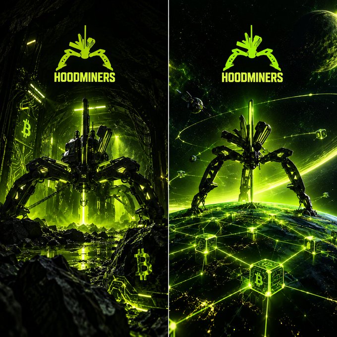 Two side-by-side sci-fi style digital art pieces branded 'HOODMINERS' depicting green-lit mechanical mining rigs, one in a rocky cavern and the other on a planet's surface surrounded by Bitcoin cubes.