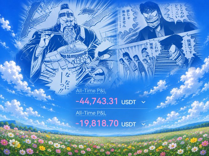 A serene field of flowers sits under a blue sky overlaid with manga panels of shouting characters and a financial dashboard showing "All-Time P&L" of **-44,743.31 USDT** and **-19,818.70 USDT**, visually emphasizing the user's nearly $65,000 total trading loss on Grvt amid the sudden vesting drop.