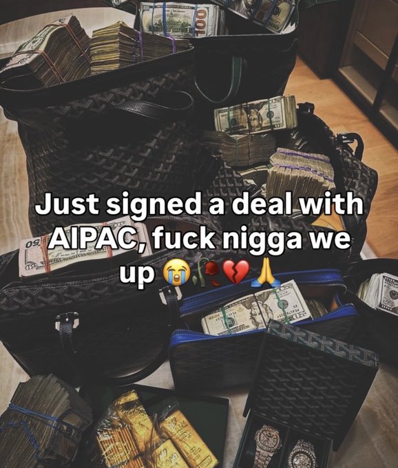 The image shows stacks of money and luxury items, with text overlayed that reads, "Just signed a deal with AIPAC, fuck nigga we up 😭🌹💔🙏". This directly relates to the accompanying post's "pov you sign with pumpfun" by humorously implying the user has achieved a significant financial success through the platform.
