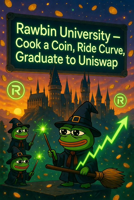 An illustration titled 'Rawbin University – Cook a Coin, Ride Curve, Graduate to Uniswap' depicting Pepe the Frog characters dressed as Hogwarts wizards and witches with broomsticks, magic wands, and a glowing green upward chart arrow.