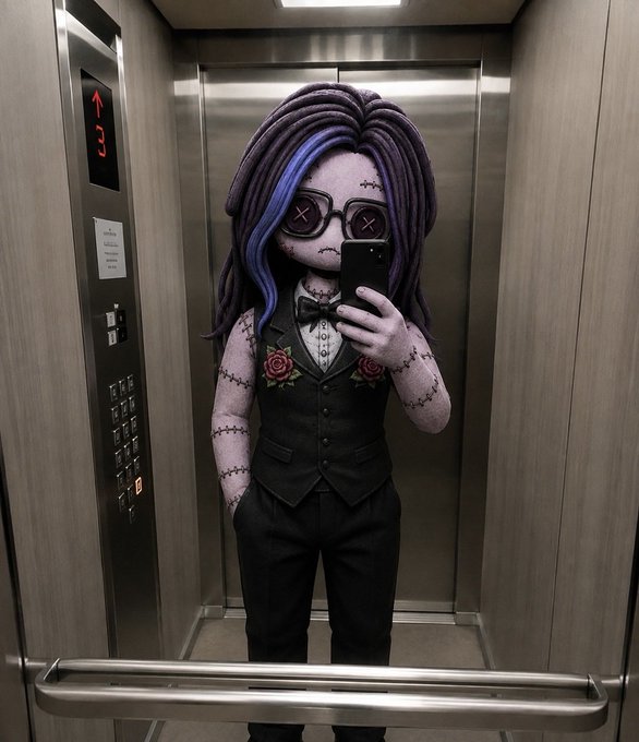A purple-skinned character with stitched features, dark sunglasses, and dreadlocks takes a mirror selfie with a smartphone while wearing a vest and bow tie inside an elevator.