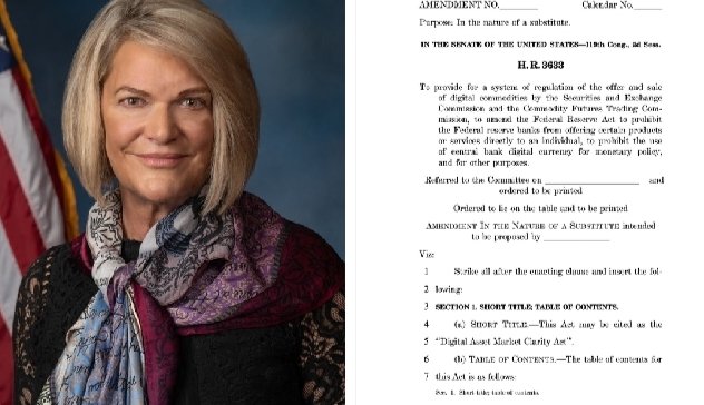 The image shows a portrait of Senator Cynthia Lummis alongside text from H.R. 3633, a bill she references in the accompanying post about the CLARITY Act gaining Wall Street support. The juxtaposition pairs her official photo with the legislation she champions, visually reinforcing her role as a proponent of regulatory clarity for digital commodities as major financial institutions like BlackRock, Goldman Sachs, and Fidelity back the measure.