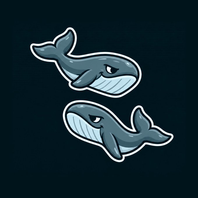 A stylized illustration of two gray whales swimming in opposite directions against a dark blue background.