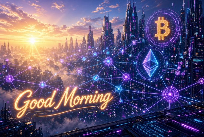 A vibrant cyberpunk-style 'Good Morning' graphic shows a futuristic cityscape at sunrise, overlaid with a blockchain network graphic featuring Bitcoin and Ethereum logos.