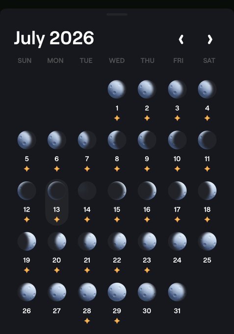 A July 2026 moon phase calendar showing the lunar cycle from new moon (1st) through waxing and waning phases to the full moon at month's end, with the 13th highlighted and diamond markers beneath several dates—likely marking key astrological or trading dates the poster references as predicting a market bottom around the full moon before a September revisit.