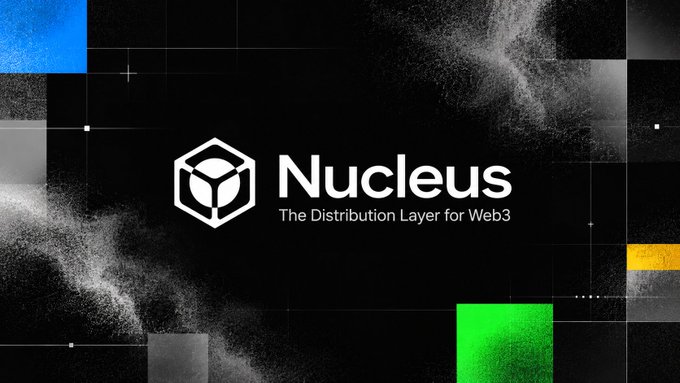 Nucleus branding banner with the tagline 'The Distribution Layer for Web3' set against a dark textured background with colorful geometric accents.