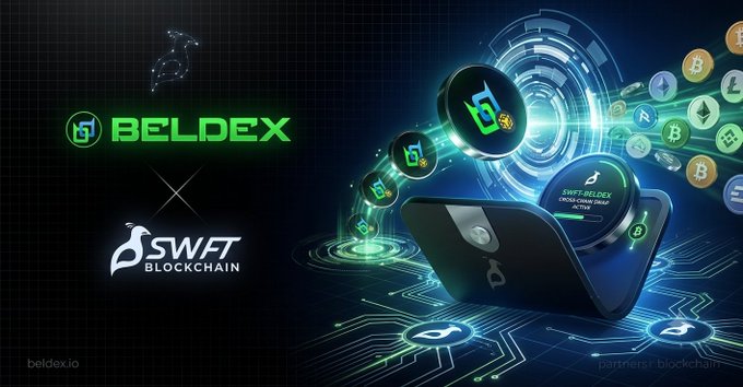 A promotional graphic for BELDEX x SWFT Blockchain partnership featuring cryptocurrency coins and a digital wallet.
