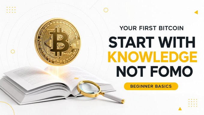 A promotional banner features a glowing golden Bitcoin coin emerging from an open book with a magnifying glass, alongside the text "YOUR FIRST BITCOIN: START WITH KNOWLEDGE NOT FOMO - BEGINNER BASICS." The imagery visually reinforces the post's message about approaching Bitcoin investment through education and research rather than fear of missing out.