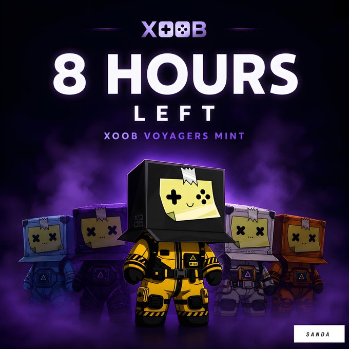The image announces that there are "8 HOURS LEFT" until the "XOOB VOYAGERS MINT" goes live, featuring animated characters that are likely the Voyagers. This directly supports the post's urgency for checking mint eligibility.
