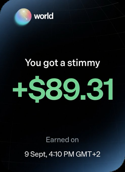 A notification from World app celebrating an earned "stimmy" of +$89.31, received on 9 Sept at 4:10 PM GMT+2. The image directly supports the post's message of receiving a referral bonus from @world_xyz, visually confirming the $89.31 reward and clean user experience the poster mentions.