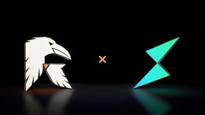 A stylized white raven logo faces a glowing teal arrow-like logo with an orange 'X' between them on a dark background.