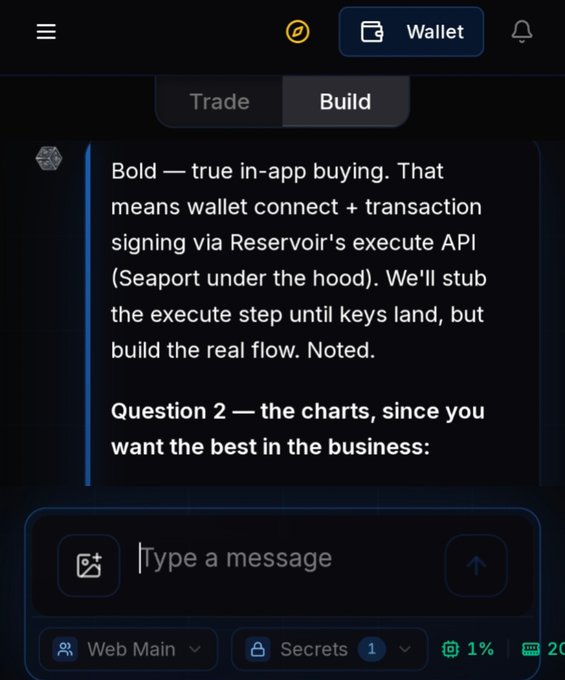 The image shows a text message application that features a chatbot named "YoukieVerse" with the user entering a question about using trade-in buying for a trading account. The chatbot has been designed by the user, who wants the best in the business and is looking to build an AI competitor for opensea.