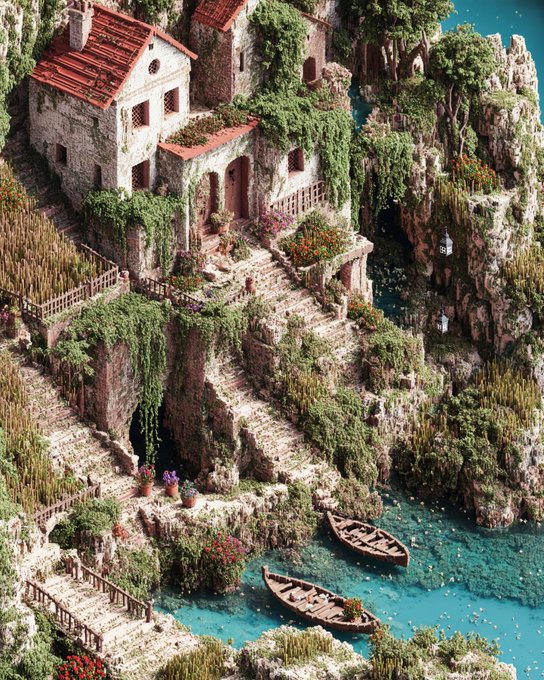 A highly detailed miniature-style artwork of a stone house with a red roof perched on a lush, overgrown rocky cliff with stone stairways, flowers, and small wooden boats in turquoise water below.